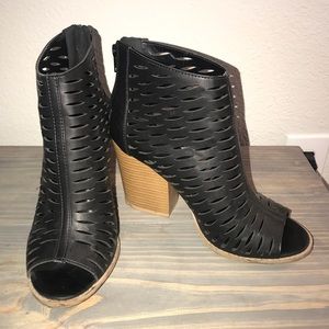 Black leather open toe booties